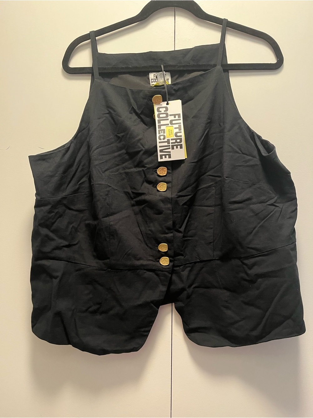 Future Collective Black Halter Camisole with Gold Buttons